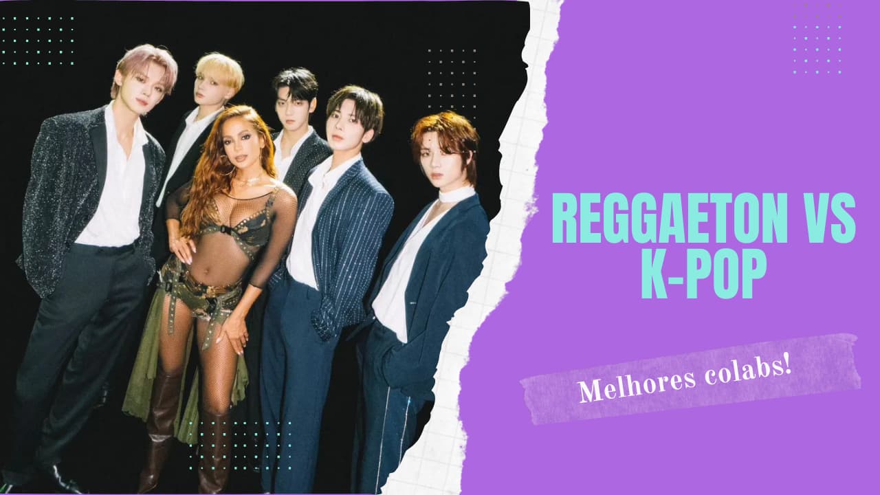 Imagem com o texto "Reggaeton vs K-pop" + foto do TXT e Anitta