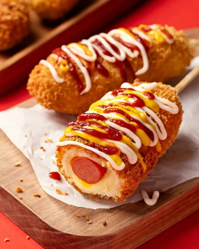 Foto de um hot dog coreano, uma das comidas dos doramas