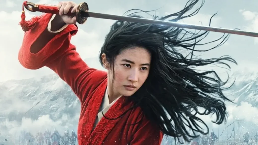 Imgem promocional do filme Mulan, com uma das atrizes chinesas